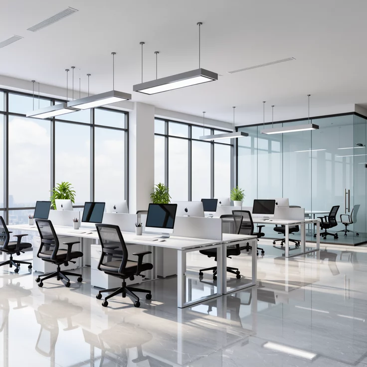 Contemporary office interior with statement lighting